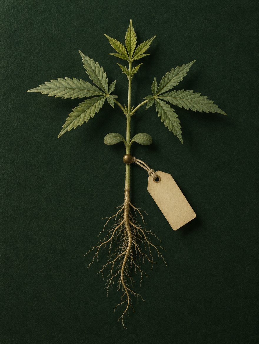 Engraved botanical plate of a young cannabis seedling pinned to green herbarium paper