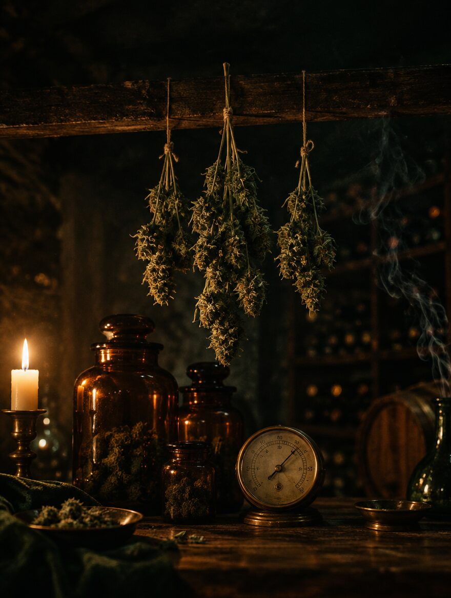 Dried flowers hanging from an oak beam in a candlelit cellar beside amber jars