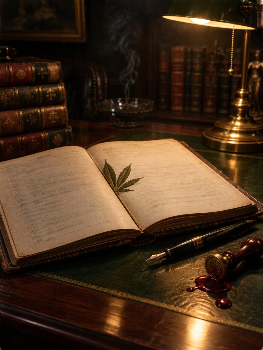 Open ledger on a mahogany desk with a fountain pen and an oxblood wax seal
