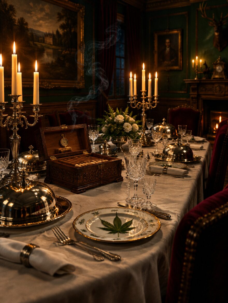 Candlelit manor dining table with crystal, silver and a single leaf on porcelain