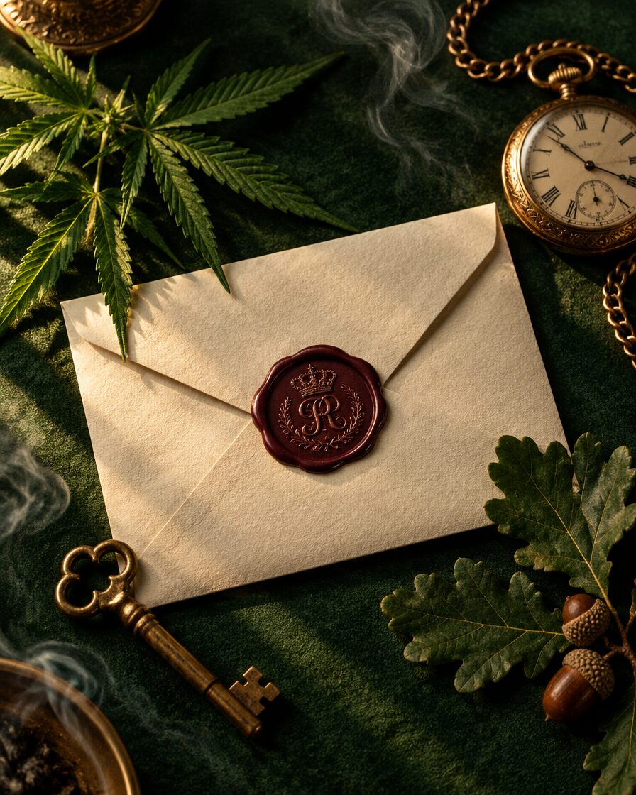 A cream envelope sealed with oxblood wax, a brass key, a pocket watch and fresh leaves on green baize